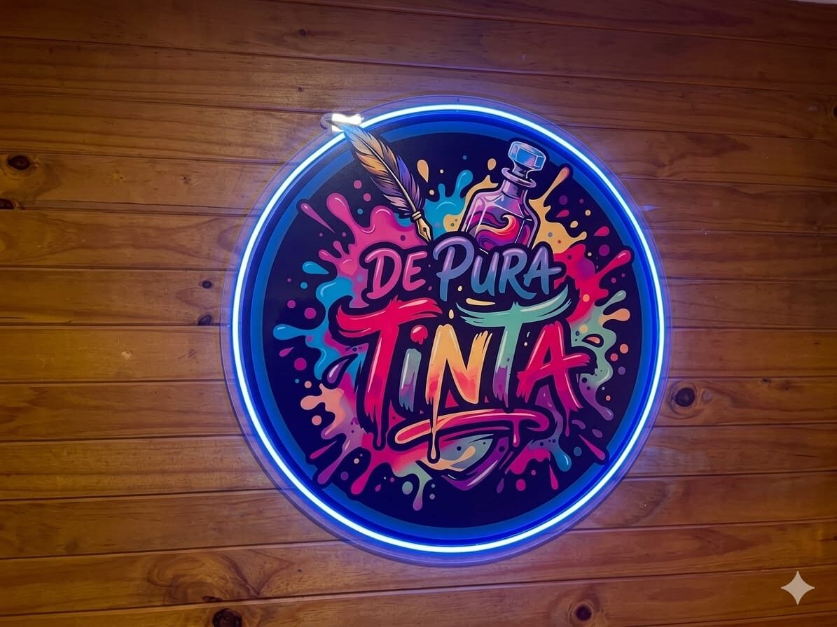 Cartel De Pura Tinta instalado en pared con luz neón